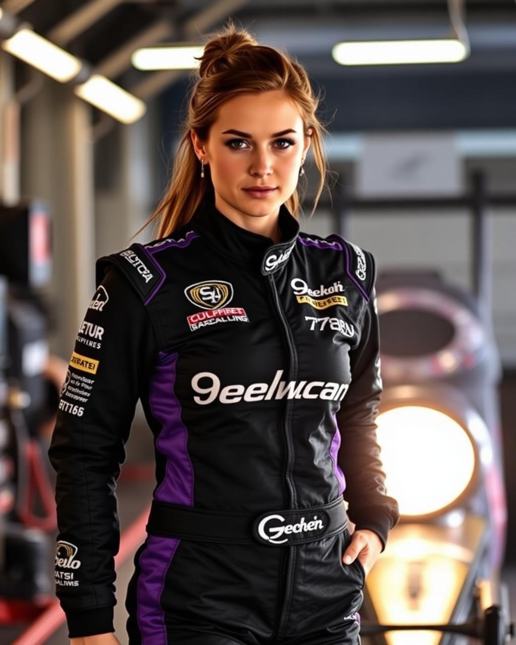 Driver R. Castell in black and purple fire suit in the pit garage