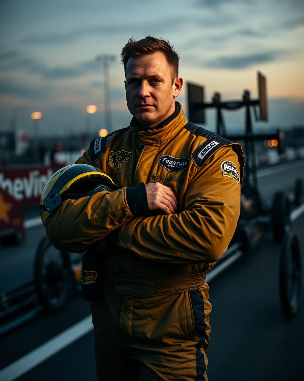 Driver M. Walker in fire suit holding helmet at dusk