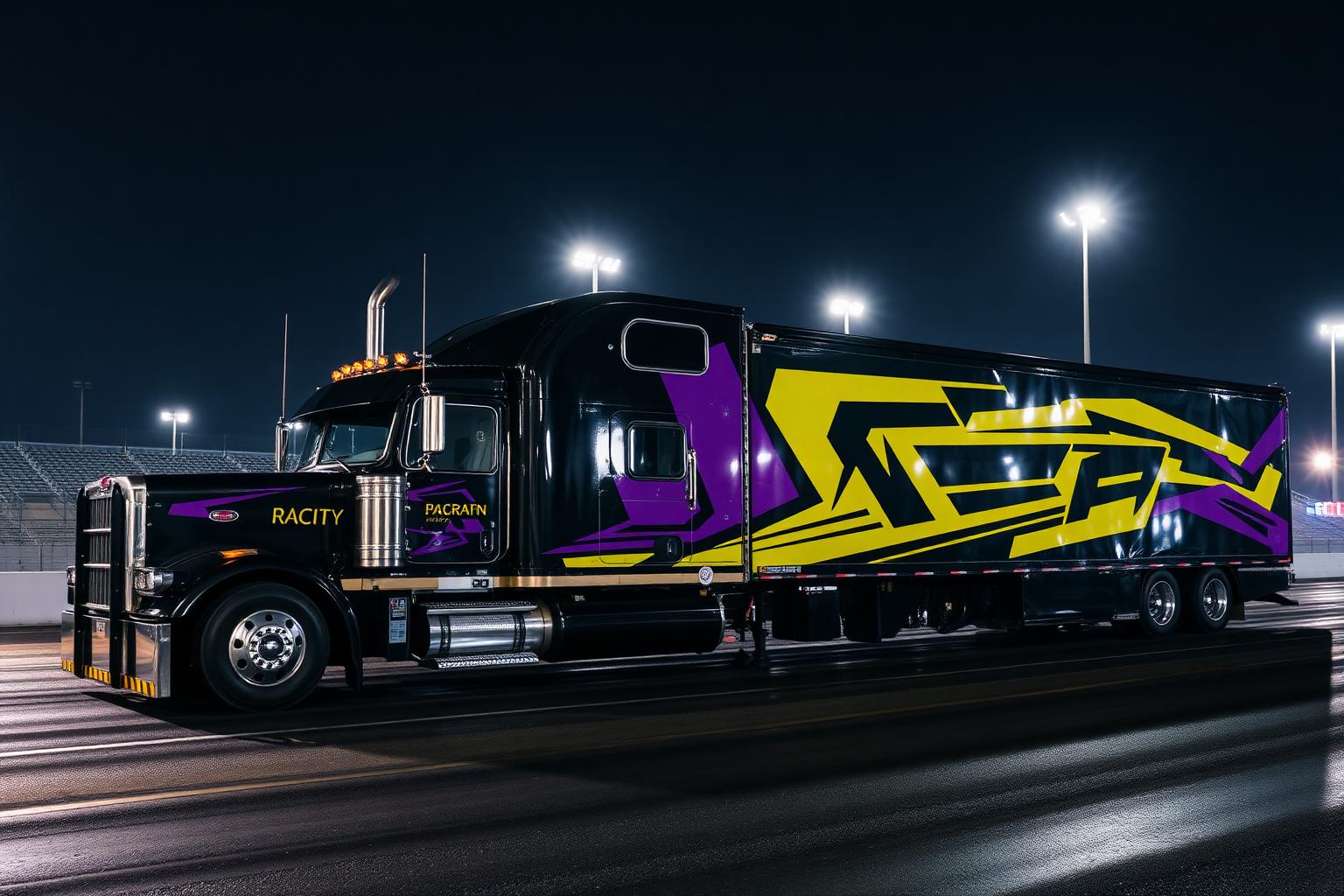 Team transporter under floodlights at the strip